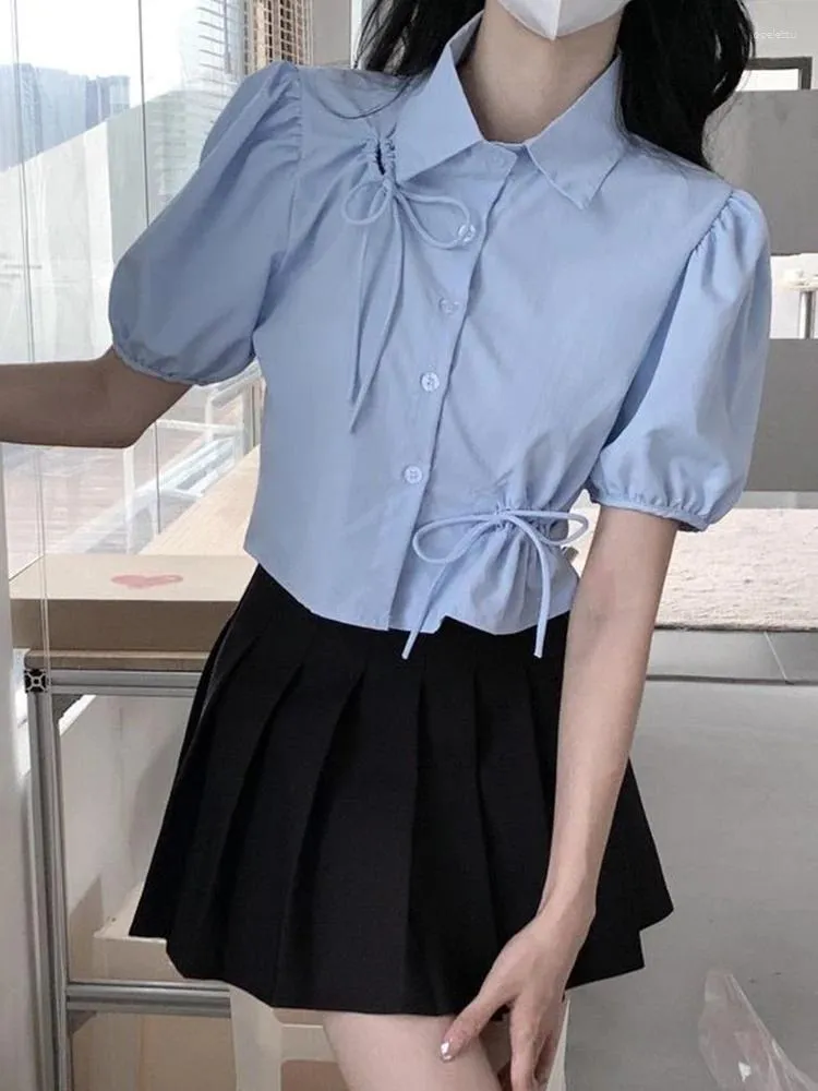 Damenblusen Sommerbluse Frauen Blau Crop Top Koreanische Mode Kurzarmhemden Damen Hollow Out Tops Weiblich Süße Schlanke Blusas Para