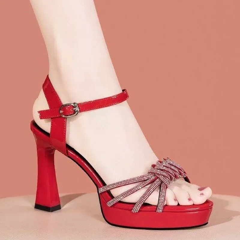 Sandals Comemore Women’s Summer Shoes Platform Sandals 2023 Fashion High Highly Ladies Ladies Heeled Shoe Red Peep Ean Ene Rhinestone Wedding