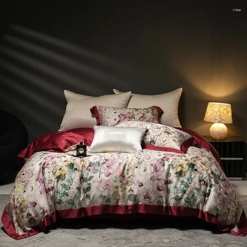 Conjuntos de cama Algodão Egípcio Impressão Digital Flor Set Duveta Capa Linho Folha Fronhas Home Têxtil