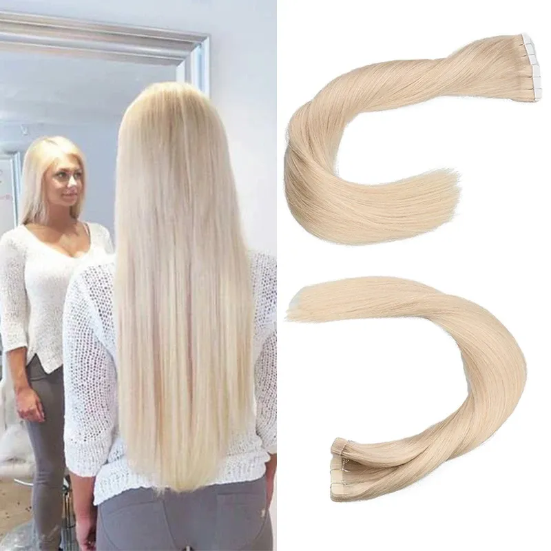 Extensions Toysww 100% verkligt mänskligt hår ryska hårband i mänskliga hårförlängningar Blond #60 för kvinnamaskin Made Remy Hair 20/40pcs