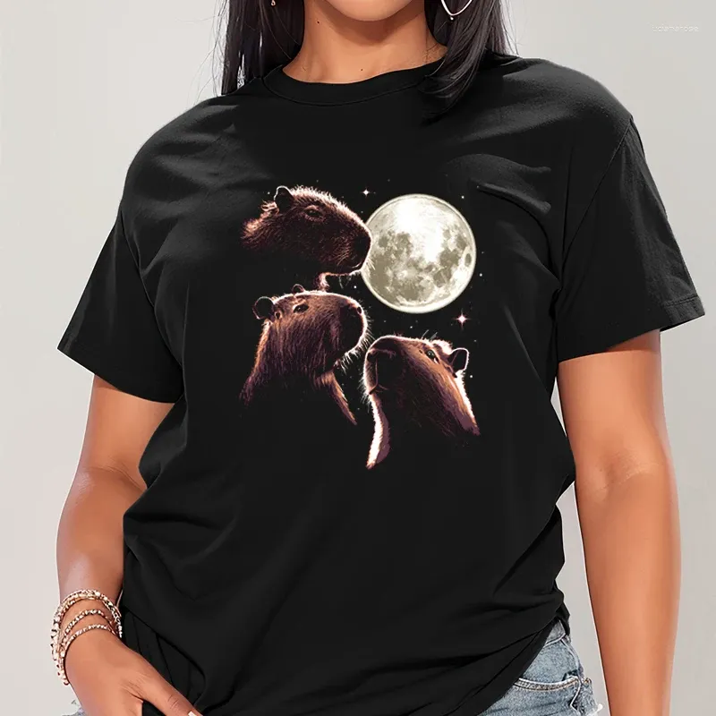 여자 T 셔츠 여성 재미있는 Tshirt 그래픽 3 Capybara Moon Short Sleeves 캐주얼 하이 스트리트 티 탑 느슨한 O- 넥 티 여성