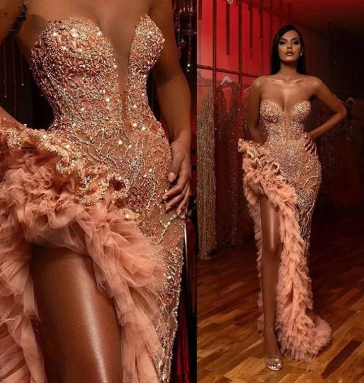 Szampan Blush Mermaid Sukienki na studniówkę błyszczące falbany z koralikami High Slit kochanie arabska sukienka wieczorowa okazja Suknia Vestidos de No9584266