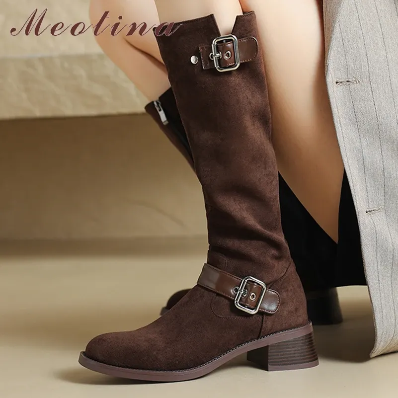 ブーツMeotina Women nee High Long Boots Round Toe Block Midhels Zipper Backle Gogo Boot Ladies Shoes Autumn Winter Brown 43