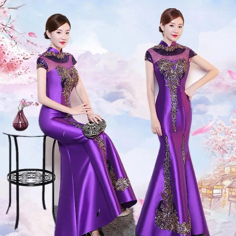 Etniska kläder lila cheongsam kvinnor traditionell klänning sexig bröllop qipao broderi kinesiska orientaliska klänningar vestidos formales länge