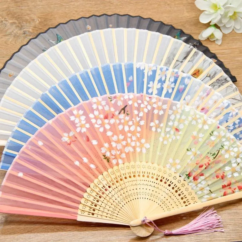 Decorative Figurines Chinese Silk Folding Fan Wooden Bamboo Antiquity Dance Hand Fans Elegent Flower Tassel Fold Wedding Party Home