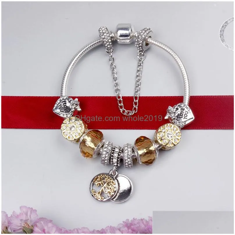 Bracelets de charme Bracelet de perles d'or 925 Sier coeur cristal brins arbre vie pendentif perlé bracelet femmes filles mode cadeau à la mode Dro Dh0Uf