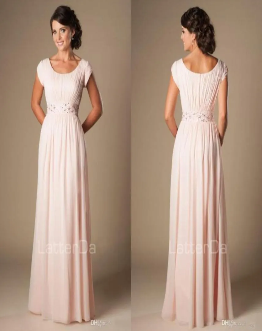 Blushing Pink Long Formal Full Length Modest Chiffon Beach Evening Bridesmaid Dresses With Cap Sleeves Beaded Ruched Bridesmaids D6055268