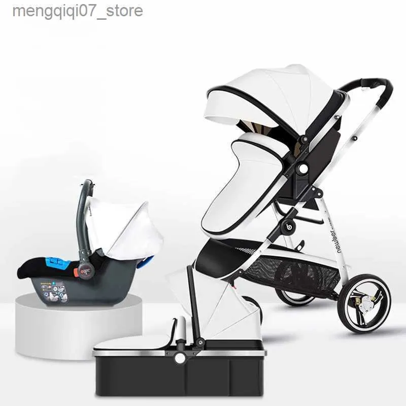 Barnvagnar# baby barnvagn 3 i 1 wwhite pu läder barnvagnarbaby vagn med bil Seathigh Landscape Luxury nyfödd baby barnvaglighet L240319