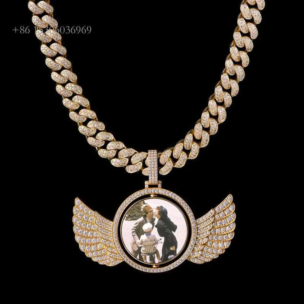 Iced out hip hop dupla face memória foto colar diy criativo personalizado tira ouro real asas de anjo pingente