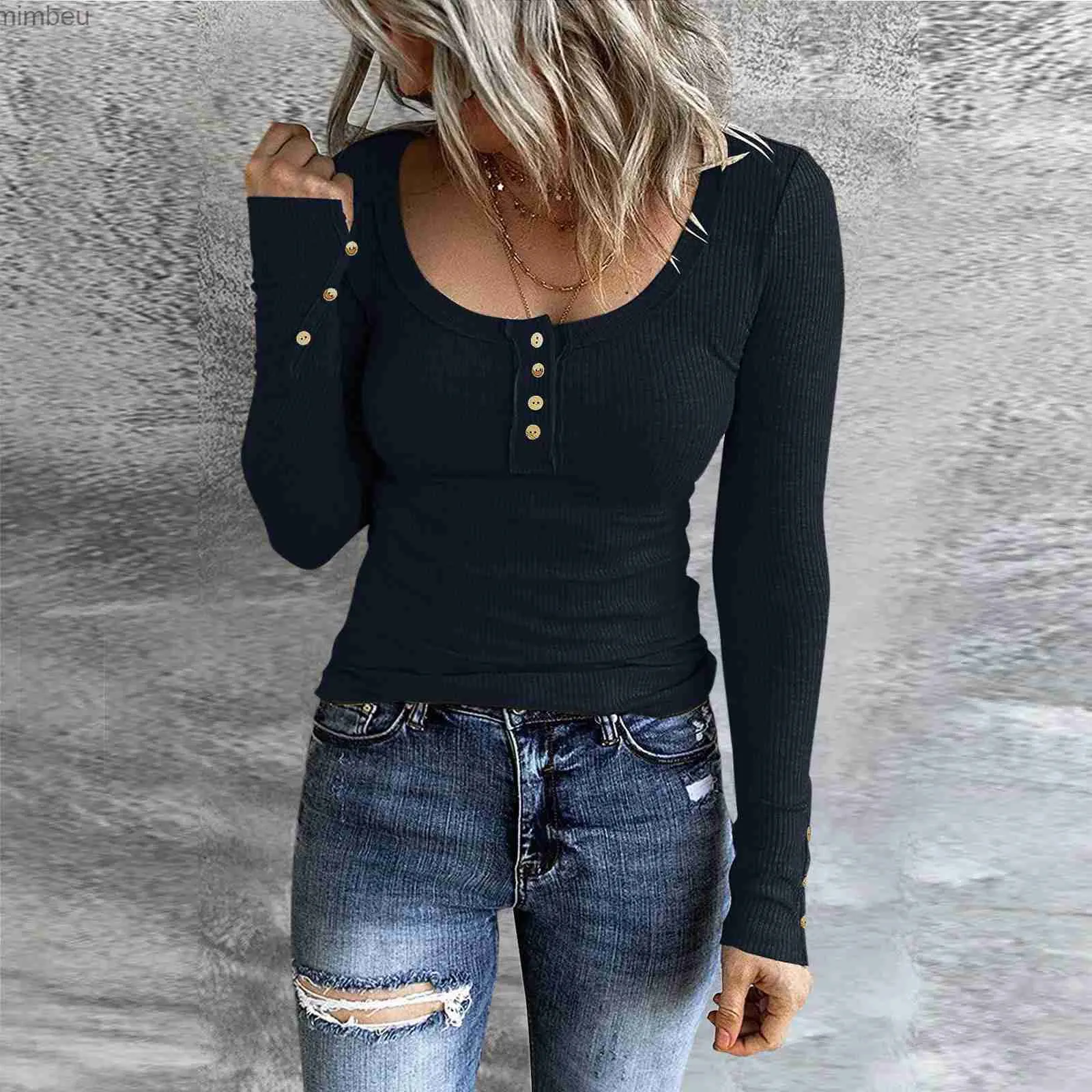 Dames T-shirt Dames U-hals Effen Henley T-shirts met lange mouwen Button-down Slim Fit Tops Ronde hals Geribbelde gebreide shirts Skinny High Street ChicC24319