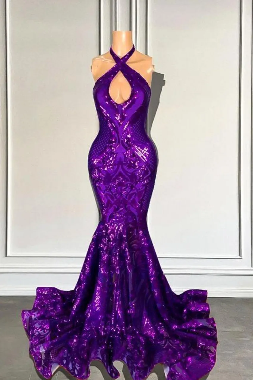 Superbes robes de bal à paillettes violettes sexy Halter Keyhole Neck Mermaid Femmes Robes de soirée Juniors Met Gala Robes de bal BC18424