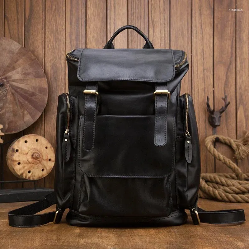 Backpack Fashion Luxury 2024 Trend Erkekler Gerçek Deri 15 Dizüstü Bilgisayar Çanta Paketi Hırsızlık Anti-Hırsızlık Backbag Seyahat Sıralama Sırtı Mochila Schoolbag