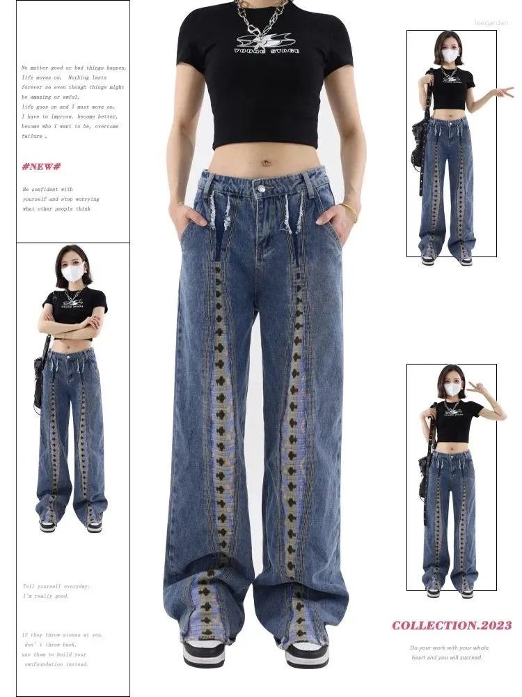 Kvinnors jeans lapptäcke blå y2k harajuku estetiska hög midja denim byxor koreanska jean pants vintage 2000 -tal trashy kläder 2024