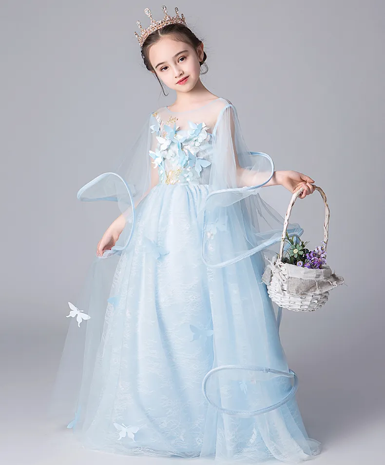 Romantique Bleu Ciel Tulle/Dentelle Bijou Papillon Applique Robe De Fille De Fleur Robes De Concours De Fille Robes De Fête/Anniversaire Jupe De Fille Personnalisée SZ 2-12 D319031