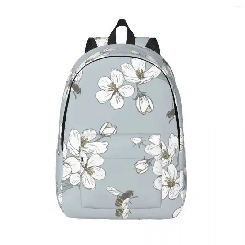 Sac à dos pour ordinateur portable, sac d'école imprimé de fleurs de cerisier et d'abeilles blanches uniques, Durable, voyage pour écoliers, garçons et filles