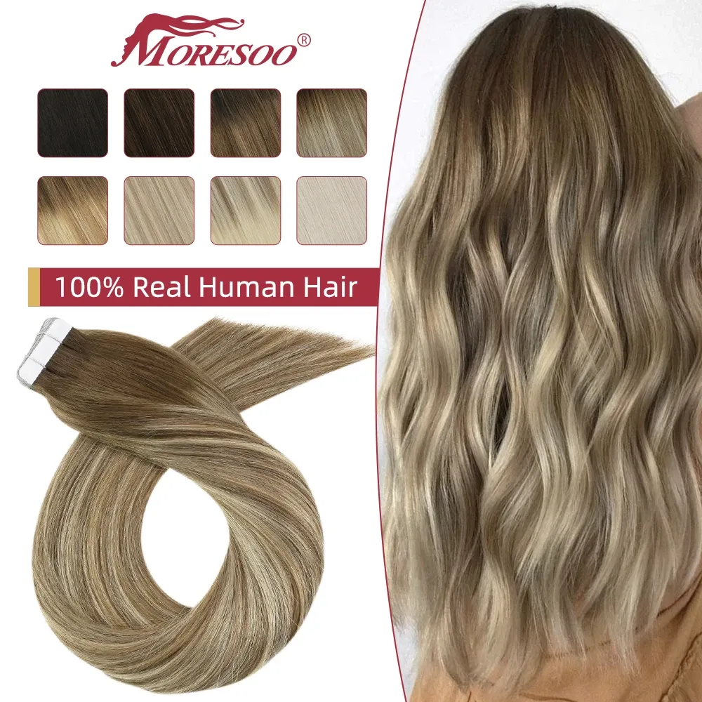 Extensões moresoo fita loira em extensões de cabelo cabelo humano natural em linha reta sem emenda fita invisível remy cabelo brasileiro para a beleza