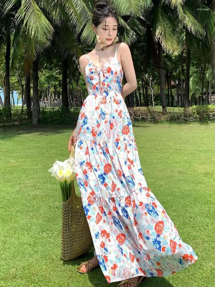 Casual Kleider Frauen Mode Elegante Blumen Urlaub Abend Party Slip Langes Kleid 2024 Französisch Böhmischen Sommer Backless Fee Sommerkleid