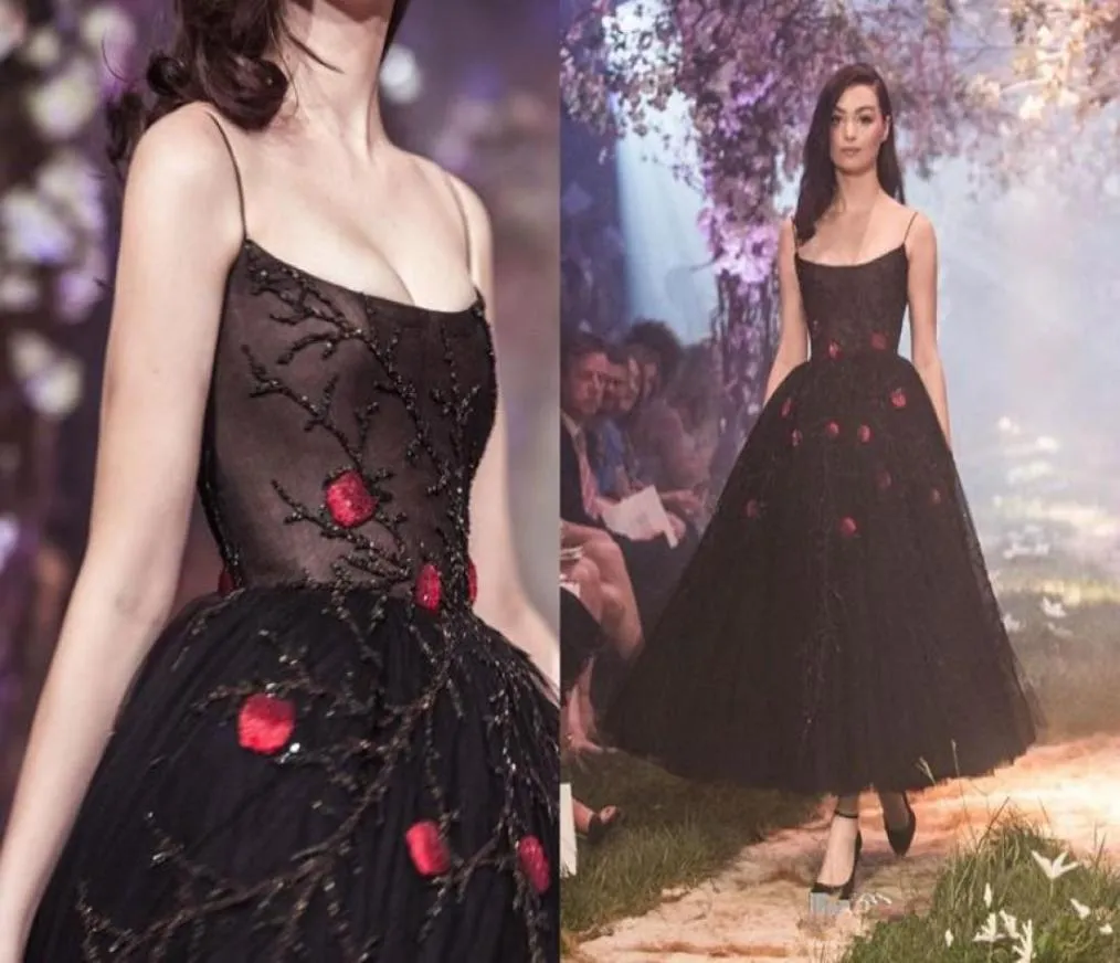 Paolo Sebastian 2020 New Evening Dresses Black Beaded Spaghetti Straps Prom Gowns with Red Flowers AnkleLength Special Occasion D7282209