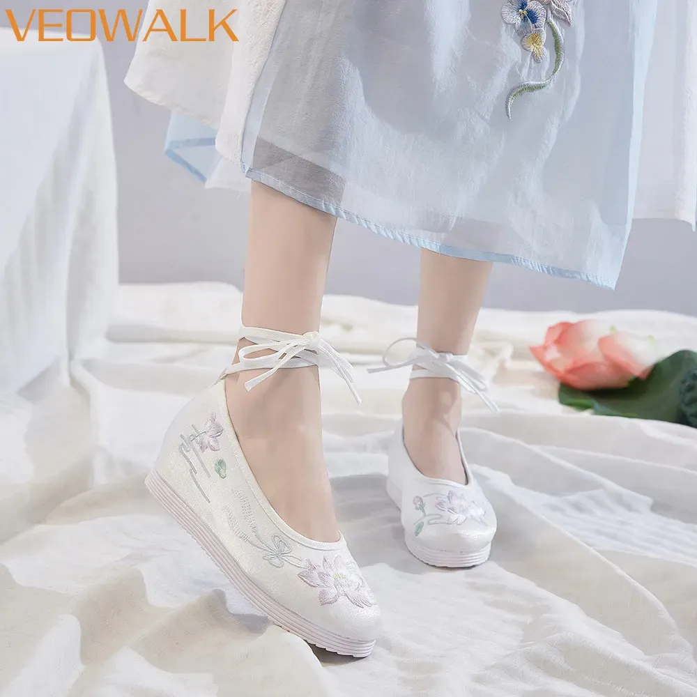 Laarzen VeoWalk 3 cm verborgen wiggen vrouwen comfort katoen hanfu schoenen enkelband dames kostuumplatforms Chinese borduurschoenen wit