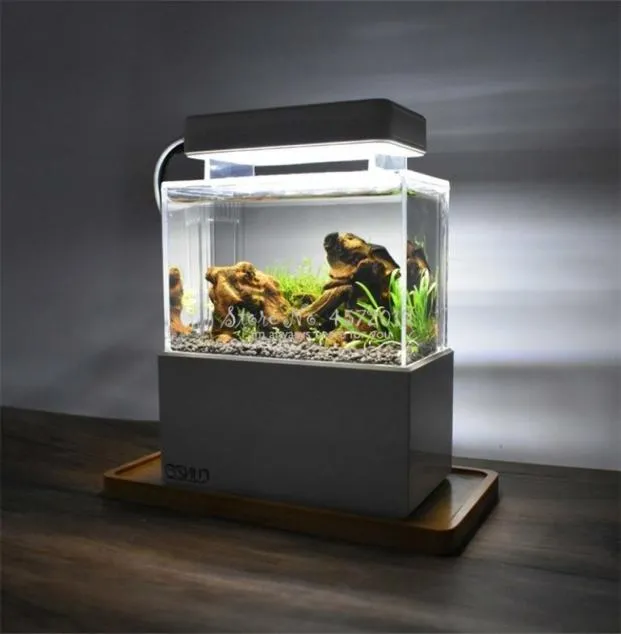 Uppgraderad plastbehållare LED -ljus skrivbordsfiskskål med vattenfiltrering Tyst luftpump Mini Aquarium Y2009226561686