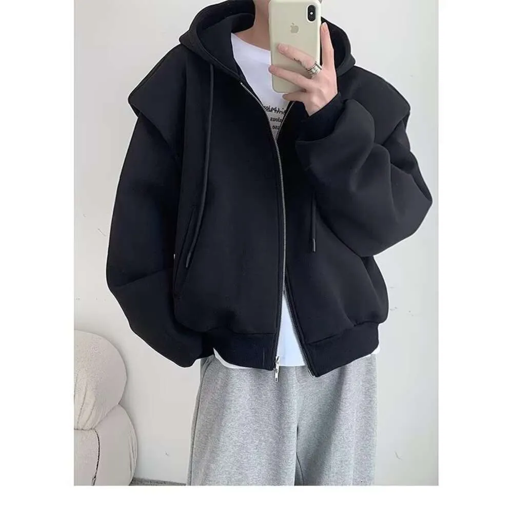 2023 frühling Mode High-End-Grau Große Umriss Schulter Gepolsterte Kapuze Pullover männer Harajuku Stil Breite Ausgabe Trendy mantel