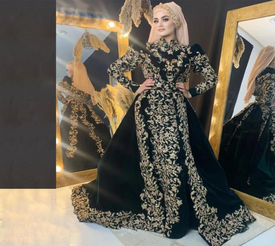 Caftan marocain velours robes de soirée musulmanes avec train détachable manches longues robes de célébrité cristal formel femmes arabe Dubai7961327