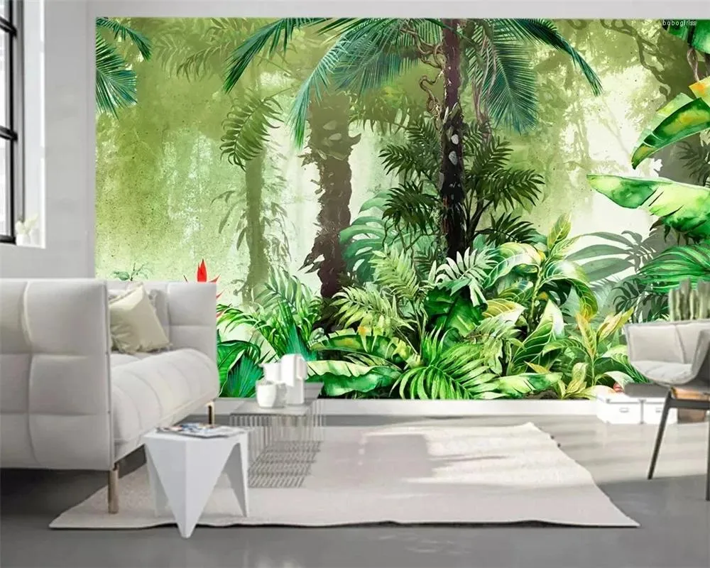 Bakgrunder Anpassad 3D Tropisk regnskoggrön blad Handmålad växt Animal Wall Mural Tapestry Home Decoration Självhäftande tapet
