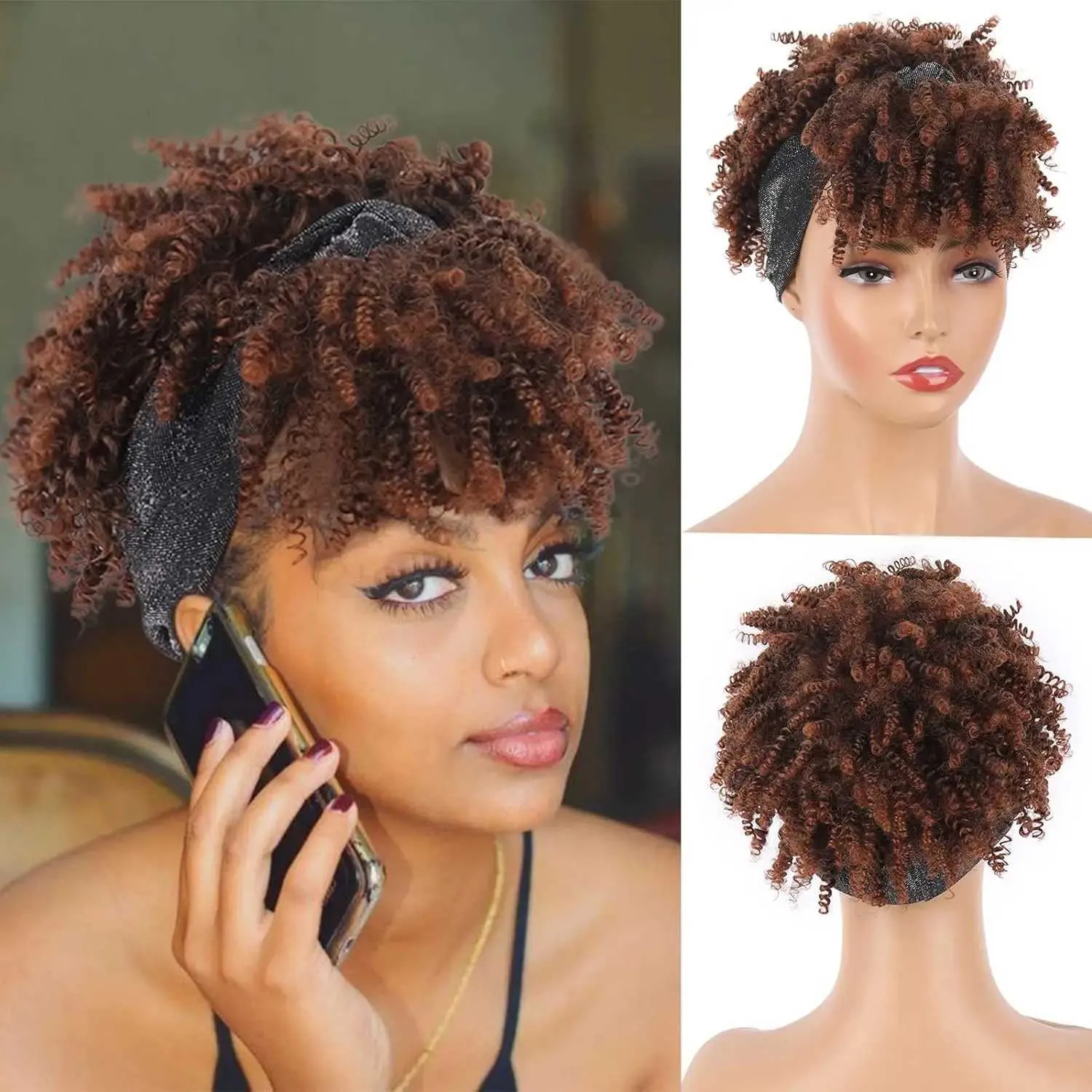 Synthetische Perücken, Cosplay-Perücken, verworrene lockige Stirnband-Perücken für schwarze Frauen, kurze Ombre-Braun-Perücke mit befestigtem Stirnband, Afro-Puff-lockige Stirnband-Perücke mit Pony, 240327