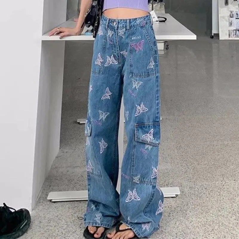 Frauen Jeans Schmetterling Gestickte Fracht Für Frauen Y2k Streetwear Koreanische Mode Hohe Taille Hosen Beiläufige Breite Bein Hosen 2024