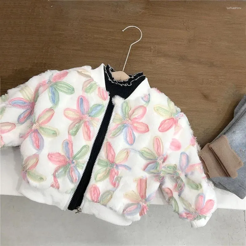 Vestes pour enfants automne hiver manteau 3D fleur applique peluche épaissie chaud fil poignets exquis sequie fermeture éclair conception vêtements d'extérieur