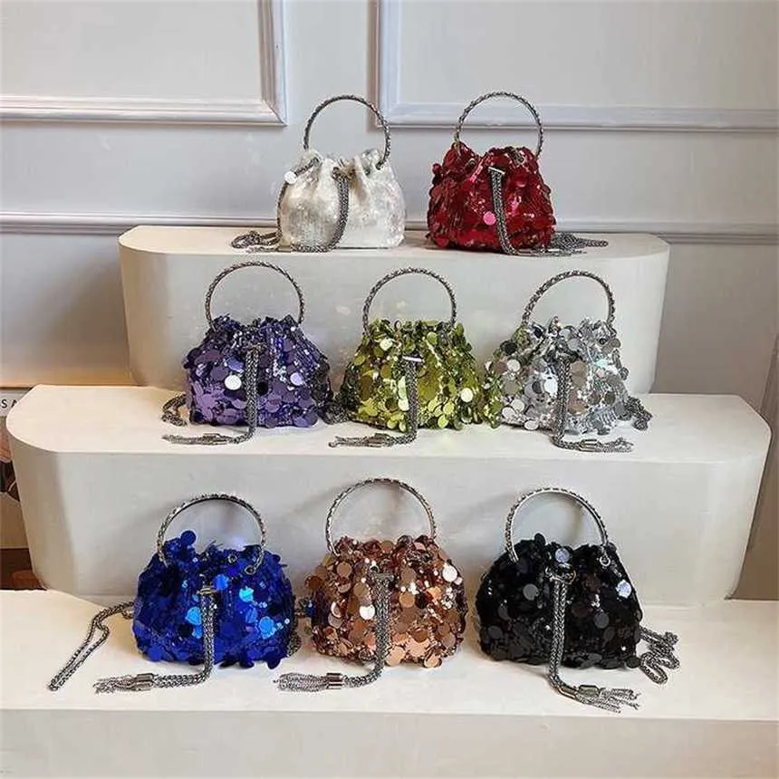 Top Shoulder Bags Handheld Designer Handbags Tote Bag Crossbody Womens Light Luxury Sequin Chain Tassel Dinner Bucket 240311