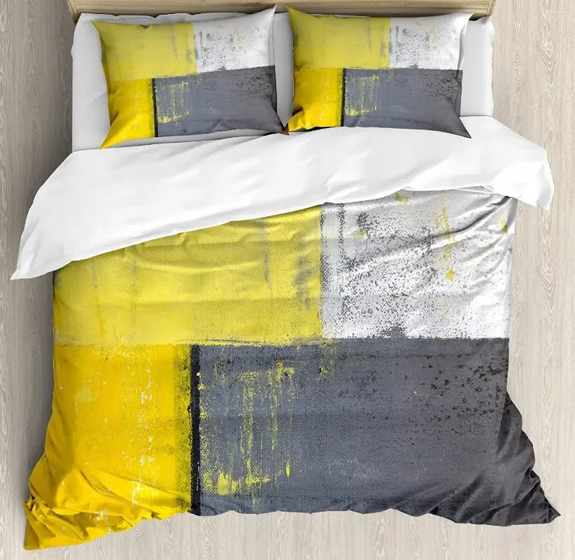 Yatak Setleri Yatak Odası Yatağı İçin Gri ve Sarı Set Ev Sokak Sanatı Modern Grunge Soyut Tasarım Yorgan Kapak Yorgan Yastık Kılıfı