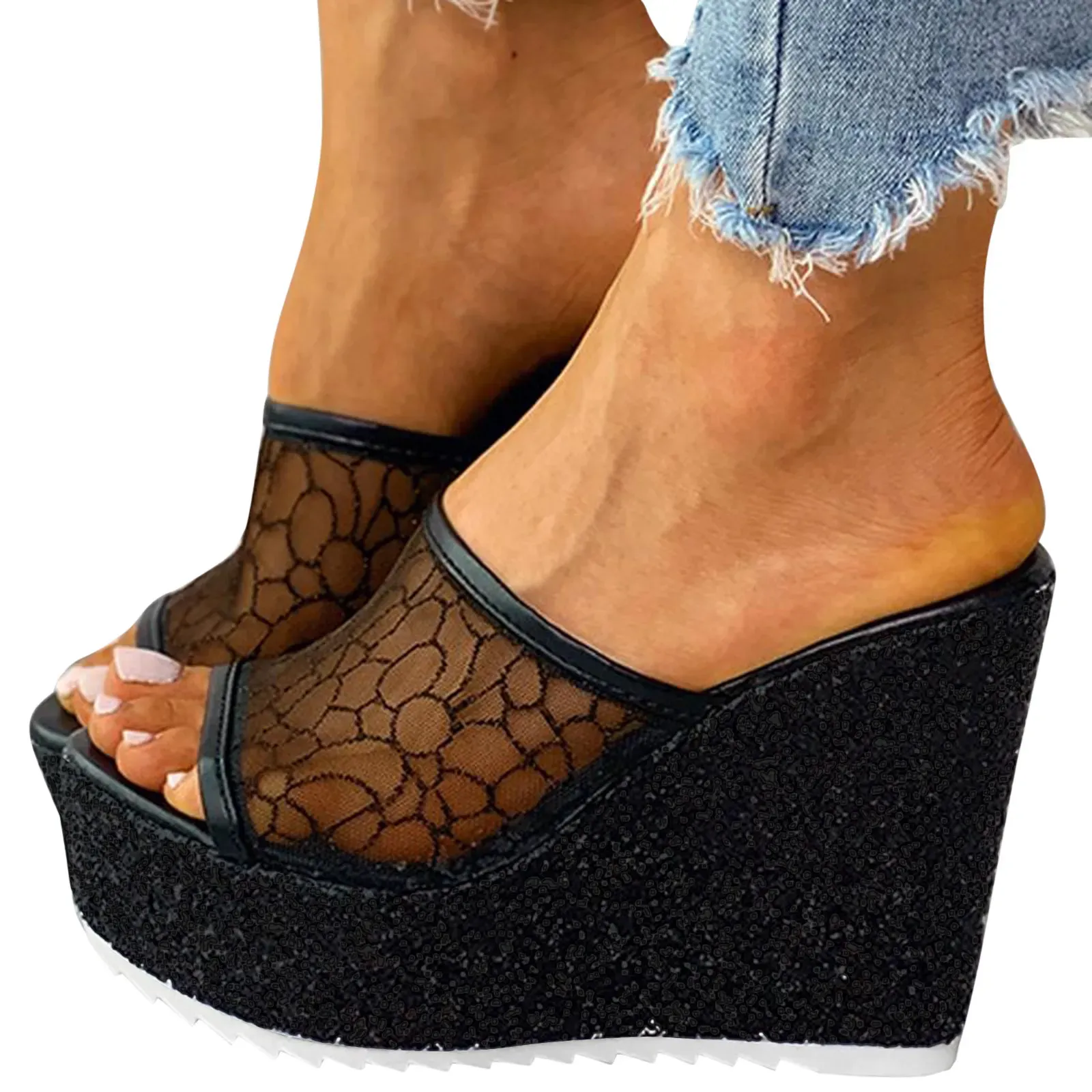 Sandali da 10 cm con tacchi alti donne sandali sandali paillettes mesh piattaforma infrasoli flop slifori altezza crescente scivoli da donna scarpe da matrimonio eleganti