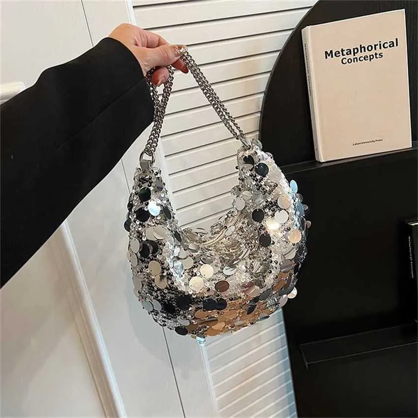 Chic Shoulder Bags Womens Sequin Designer Handväskor som bär enskild axel underarm tygväska västra stil kedja crossbody halvmåne 240311