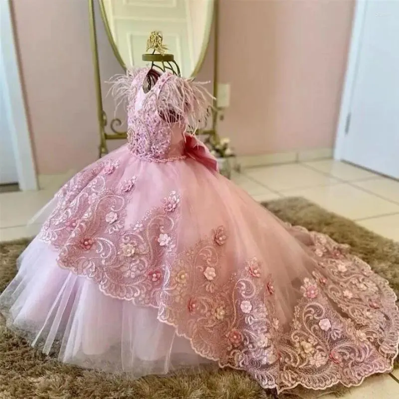 Kız Elbise Pembe Dantel Tüy Çiçek Boncuklu Çırpma Mücevher Boyun Kızlar Doğum Giyim Küçük Çocuklar İlk Cemaat