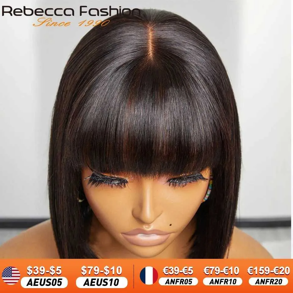 Synthetic Wigs Synthetic Wigs Glueless Straight Human Hair Wigs With Bangs Fringe Middle Part Bob Lace Wigs Realistic Scalp Brazilian Straight Bob Lace Wigs 240329