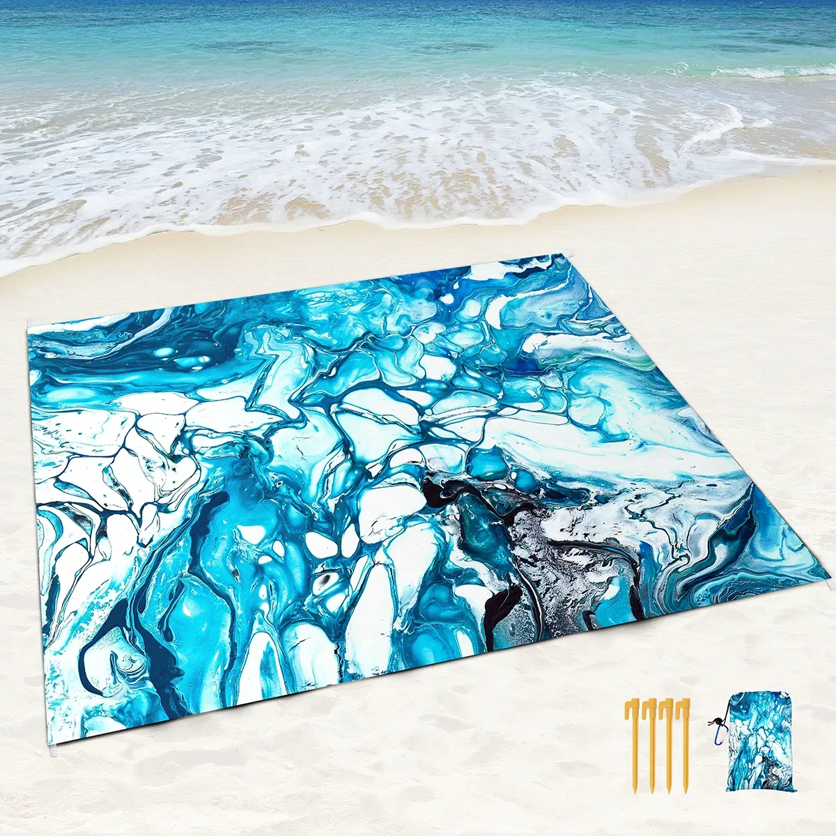 Tapis de plage imperméable et résistant au sable, tapis de pique-nique en marbre bleu noir avec poches de sable et piquets, tapis d'extérieur marbré pour bord de mer