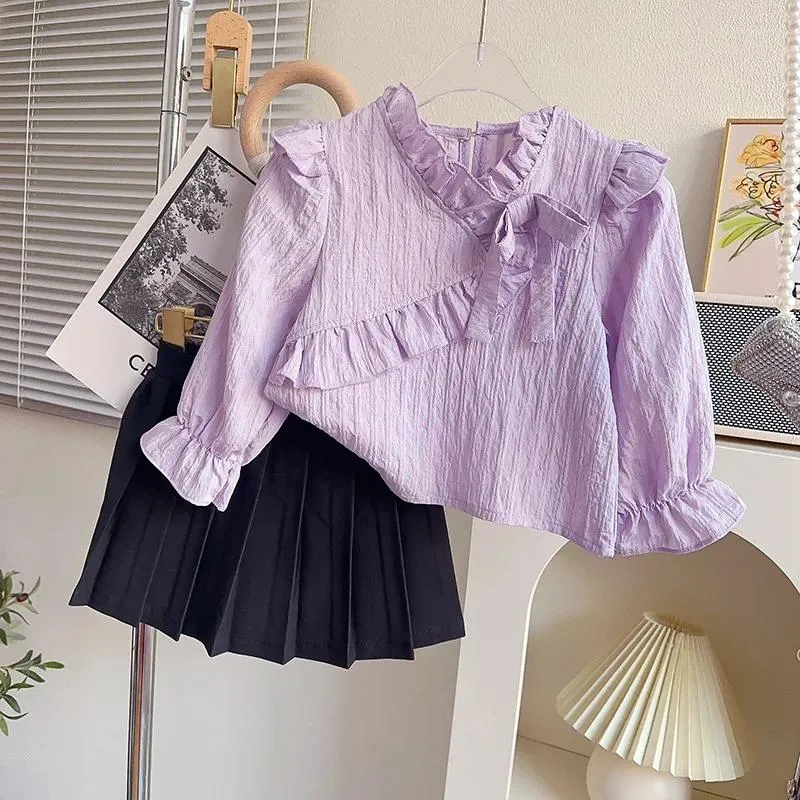 Ensembles de vêtements Filles Chemise Printemps Chemisier à manches longues Enfants Jupe plissée Enfants Vêtements décontractés Coréen Automne Bébé Fille Tops 2-7 ans