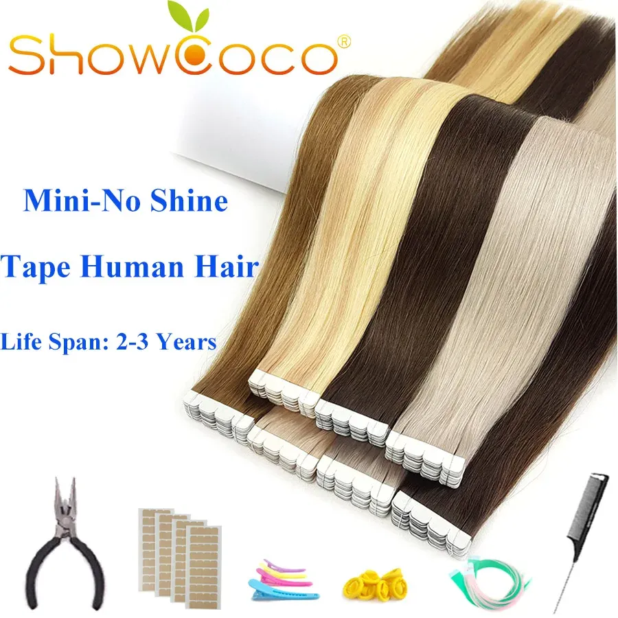 Extensions ShowCoco Mini Tape in Human Hair Extensions Virgin Remy Natural 23Years Double Sided Real Hair Skin Weft Balayage Tape on Hair