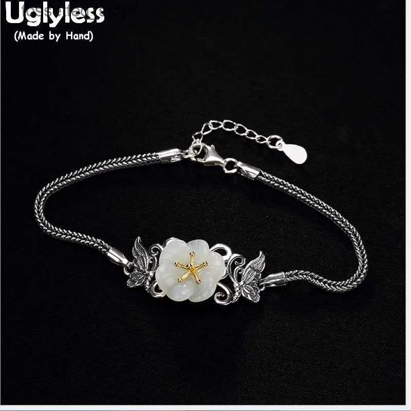 Urok bransolety brzydkie prawdziwe S 925 srebrna biżuteria romantyczna śliwka kwiat Naturalny biały jadeanki łańcuchy węża bijoux l240319