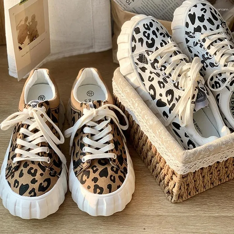 Casual Shoes Leopard Print Canvas For Women Student Thick-Soled Women's Sneakers Low-Top Non-Slip Retro