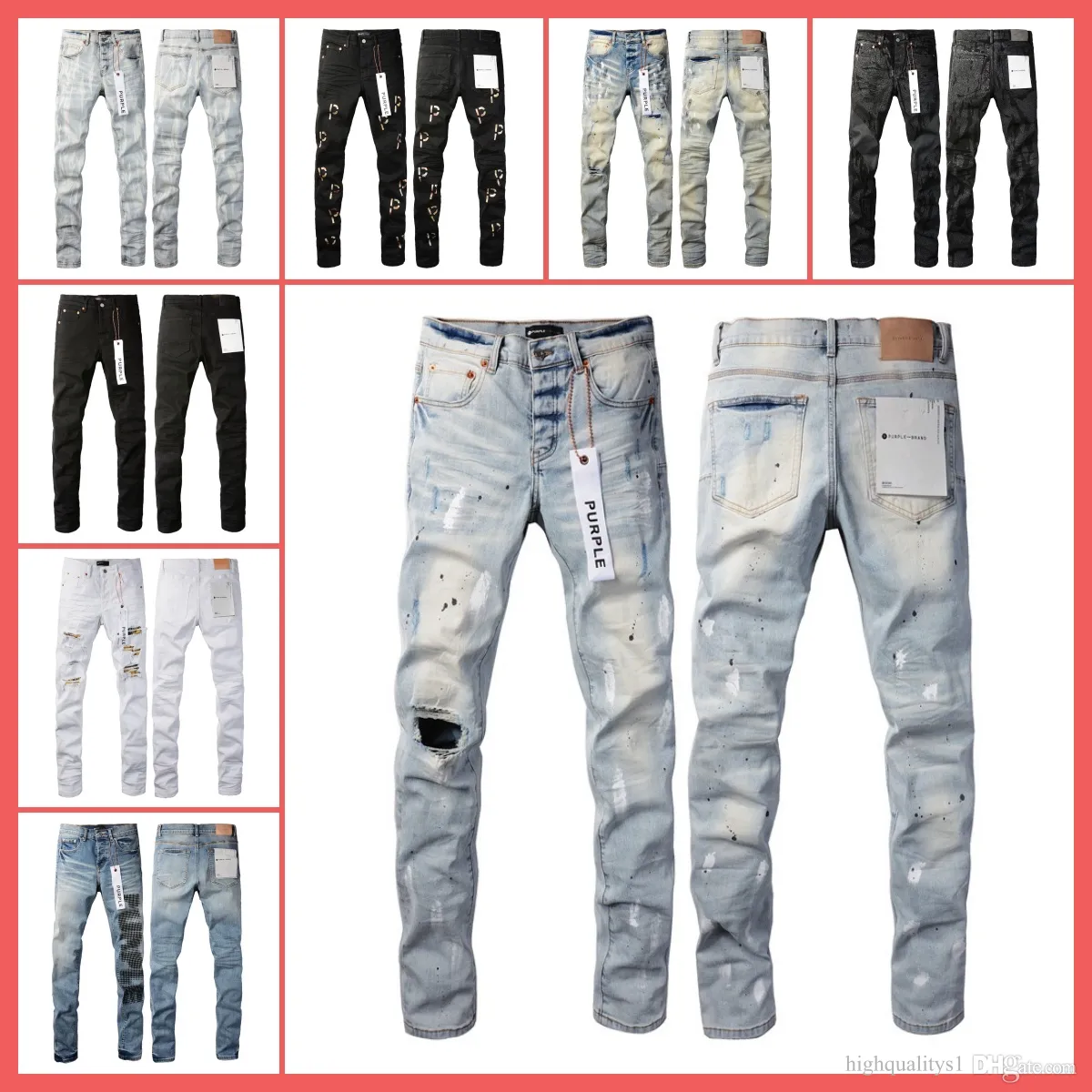 Masculino calça roxa calça designer preto skinny adesivos leves lavagem de motocicleta rock reavivador de rochas regudas religiões verdadeiras homens