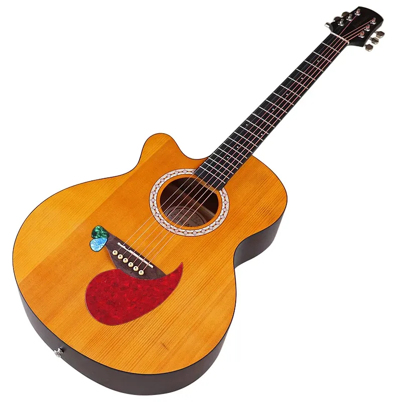 ギター左手黄色40インチアコースティックギター6弦マット仕上げラミネートスプルースウッドトップカットウェイデザインフォークギター