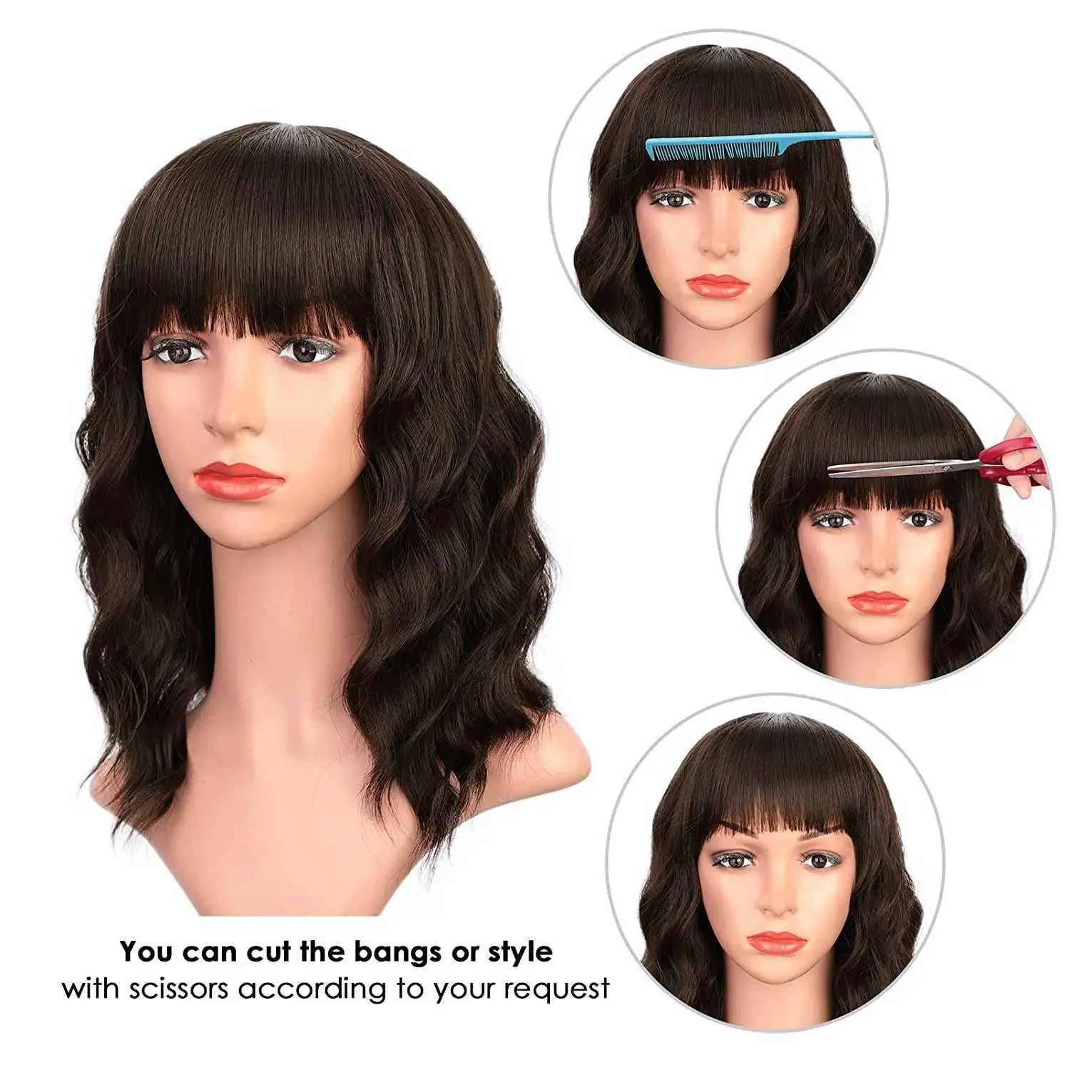 Wigs Short Bob With Bangs Black Brown Loose Curly Synthetic 