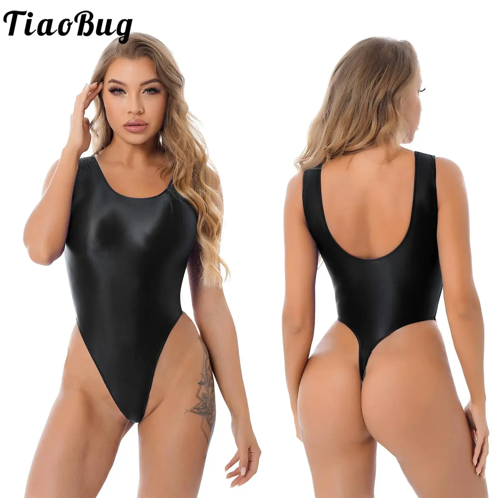 Ternos Tiaobug Mulheres Brilhantes Sem Mangas Pure High Cut Nylon Bodysuits Onepiece Bom Elástico Maiô para Yoga Esportes Fitness Natação