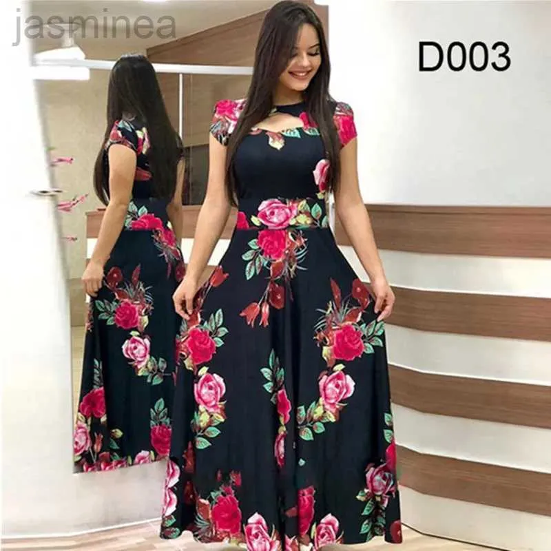 Vestidos casuais básicos mulheres elegante maxi vestido retro sexy floral dot print manga curta boho noite jantar festa oco out vestidos robes 24319