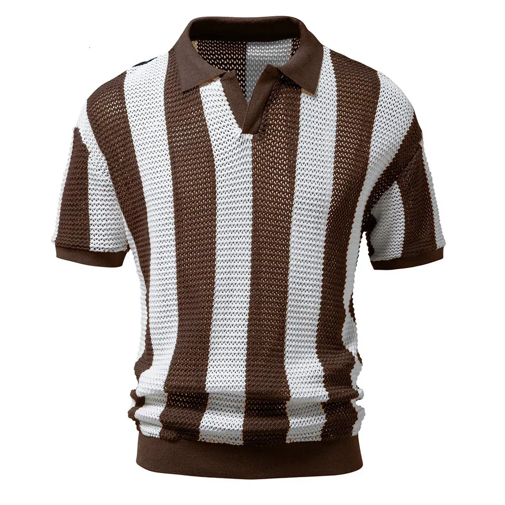 Aiopeson 100% Cotton Hollow-out Mens Polo-Hemden Kurzarm gestrickt V-Ausschnitt durch sexy Polo-Hemden für Männer Sommer 240409