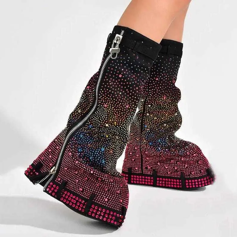 HBP Non-Brand New Padlock Cowboy Wedge Boots Femme Jeans Zipper Métal Hiver Bottes Longues Talons Coincés Couleur Strass Genou Haute Bottes