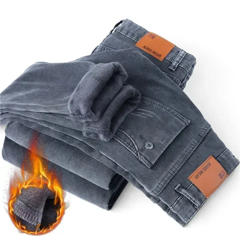 Herfst en Winter Klassieke Mode Trend Plus Fleece Stretch Shorts Heren Casual Comfort Warm Hoge Kwaliteit Jeans 27-38 240319
