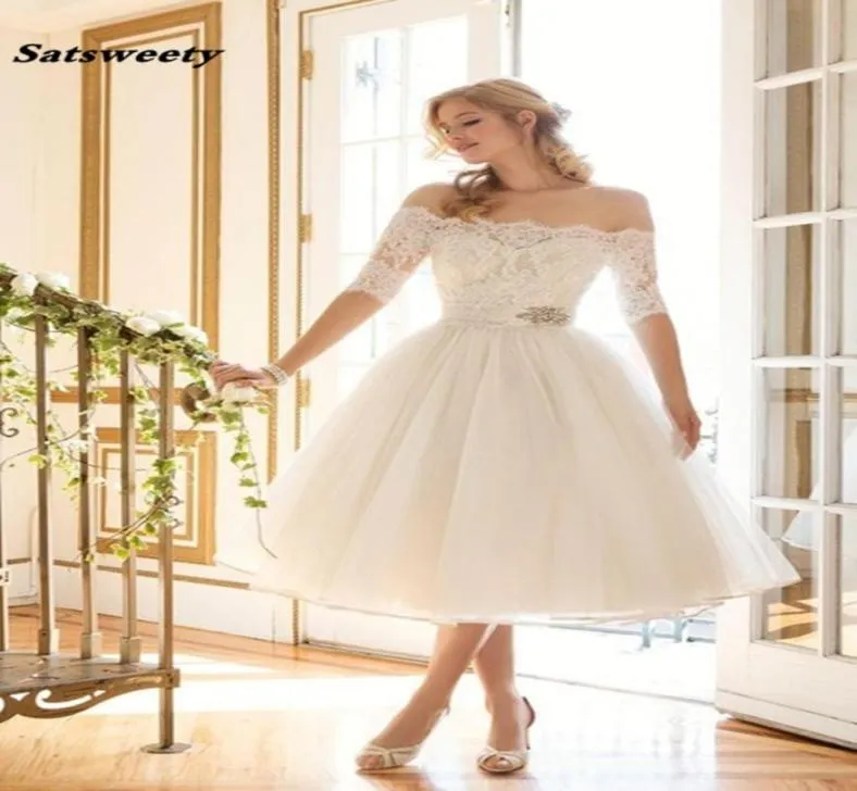 Robe De mariée élégante en dentelleorganza, épaules dénudées, encolure bateau, demi-manches, longueur thé, Vintage, 3721676